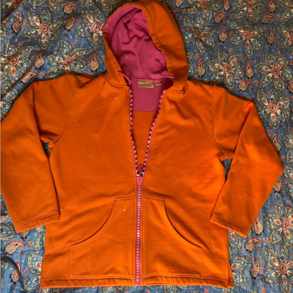Quaker Factory Hooded Sweatshirt  Size Medium Orange w/ Pink & Crystals